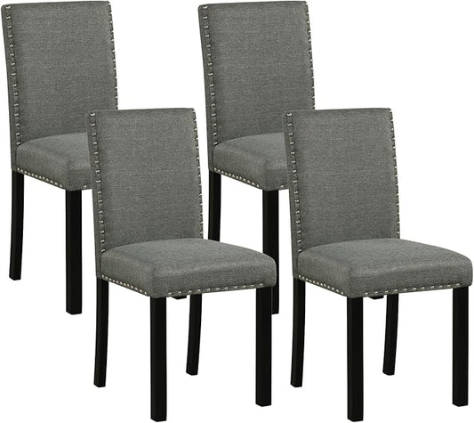 Giantex Dining Chairs Set of 4, Fabric Upholstered Parsons Kitchen Chair w/Nailhead Trim,Solid Rubber & Bent Wood Legs, Thick Padded Seat, Armless Side Chairs for Living Dining Room Restaurant, Grey