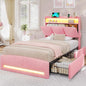 VIAGDO Twin Bed Frames with Storage Headboard and Charging Station, Velvet Upholstered Bed Frame Twin Size with 4 Drawers and LED Lights, Type C and USB, No Box Spring Needed, Pink