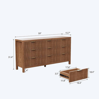 Modern 9 Drawer Dresser, Mid-Century Storage Chest with Solid Wood Legs, Large Organizer Cabinet & TV Stand for Bedroom, Living Room, or Hallway, Walnut Oak