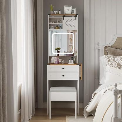 ARTETHYS Farmhouse Small Vanity Desk Set with Mirror Cabinet Mini Makeup Vanities Set with 3 Adjustable Lights and Storage Chair for Compact Space, White Dressing Table with Fold-up Panel