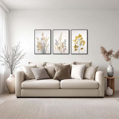 YCJKJDZ Framed Beige Botanical Canvas Wall Art Set of 3, Boho Watercolor Wildflower Pampas Grass Poster Neutral Leaf Art Fall Nature plant Prints for Living Room, Bedroom, Office, – 16x24 in