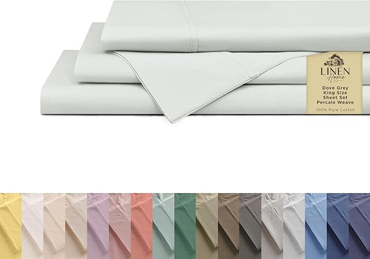 Linen Home 100% Cotton Percale Sheets King Size, Dove Grey, Deep Pocket, 4 Pieces Set - 1 Flat, 1 Deep Pocket Fitted Sheet and 2 Pillowcases, Crisp Cool and Strong Bed Linen