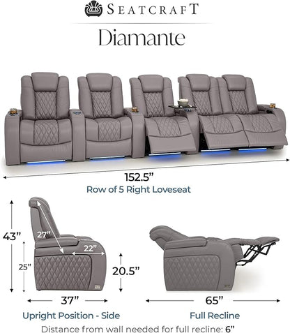Seatcraft Diamante Zero-Gravity CoolZero Italian Leather Home Theater Seating, Power Headrest, Power Recline, Row of 5 Right Loveseat, Gray