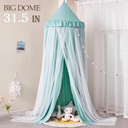 Kertnic 31.5inch Large Dome Bed Canopy for Girls, Double Layer Dreamy Ruffle Princess Canopy, Bedroom Hanging Tent Kids Reading Nook Canopies,Full Queen Bed Canopy Curtain (Green)