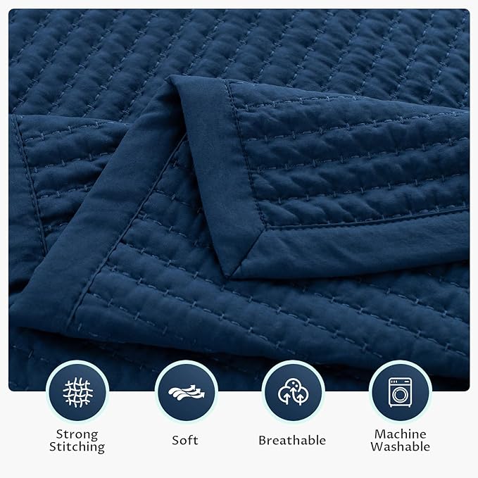 KASENTEX Queen XL Quilt Set 98"x98" – Soft Washed 3-Layer Lightweight Bedspread, Minimalist Nordic Design, All-Season Spring & Summer Quilt Set (1 Quilt + 2 Pillow Shams),Dress Dark Blue