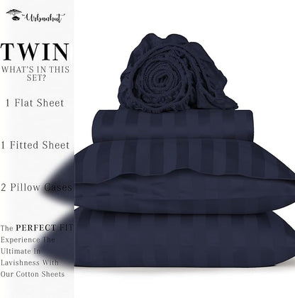 URBANHUT 800 Thread Count 100% Cotton Damask Twin Size Sheets, 4 Piece Striped Twin Size Bedsheets, Luxury Hotel Sheets Sateen Weave - Better Than Egyptian, 14" Elasticized Deep Pocket- Navy Blue