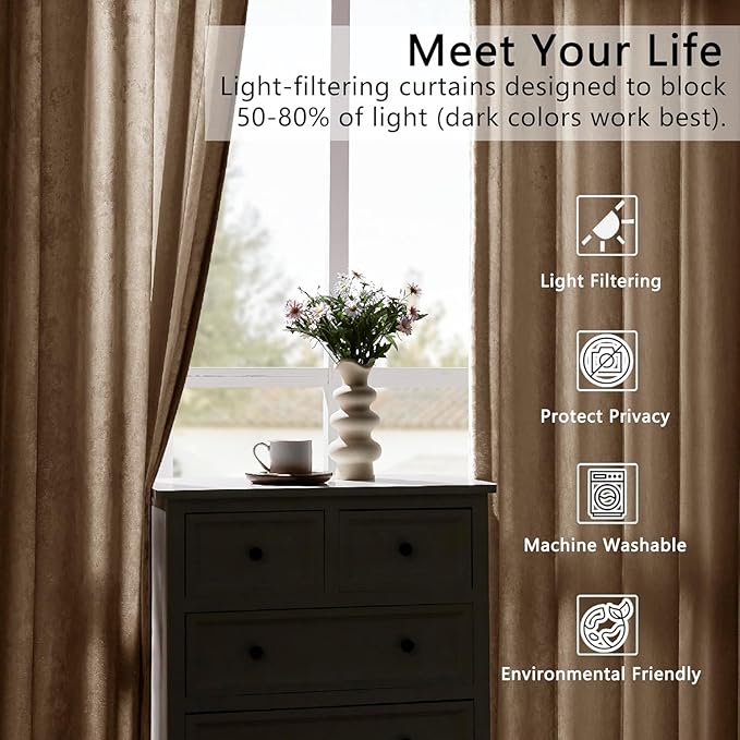 SMILETIME Amber Beige Crushed Velvet Curtains 52x108 inch Luxurious Thermal Insulated Soundproof Drapes for Living Room Bedroom Office Soft and Durable Light-Filtering Window Treatments, 2 Panels