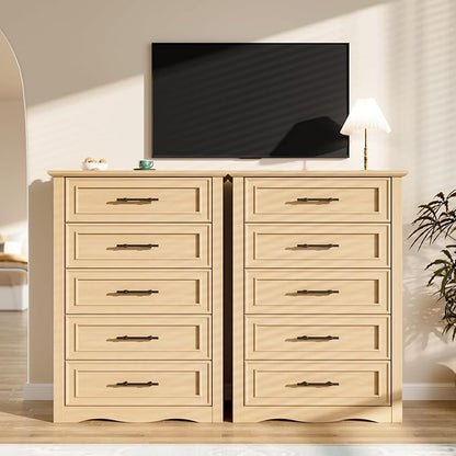 Farmhouse 5 Drawers Dresser, 45.5" H Modern Country Storage Dressers with Brushed Metal Handles, Wood Storage Organizers for Bedroom, Living Room, Hallway, Light Oak