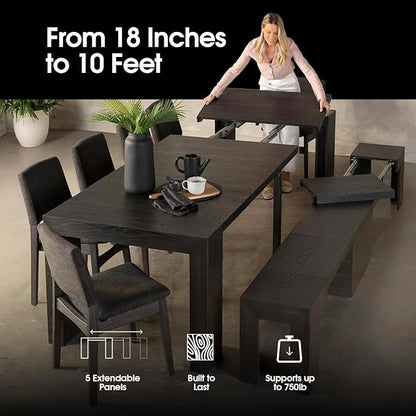 Transformer Table - Solid Wood Extendable Dining Table, Seats 2-12, Extendable Dining Room Table, Space-Saving Furniture, Expandable Dining Furniture (Black, Table + Bench + Coffee Table)