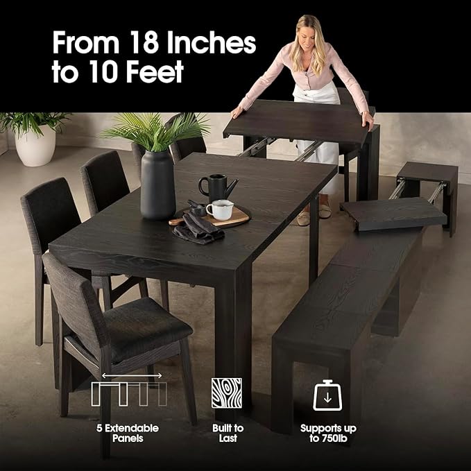 Transformer Table - Solid Wood Extendable Dining Table, Seats 2-12, Extendable Dining Room Table, Space-Saving Furniture, Expandable Dining Furniture (Black, Table + 4 Chairs)