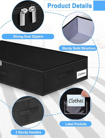 Under Bed Storage Bags with Zipper, 7 Inch Tall Underbed Storage Containers with Rigid Sides & Bottom,30x15x6.7 Inches, Large Clothes Organizer Box for Bedroom, Dorm, Couch, Black