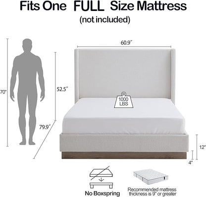 Full Size Upholstered Platform Bed Frame, 52.5" Tall Headboard Hosford Wingback Bedframes, Wood Base Floor Beds, No Box Spring Needed, No Noise, Minimalist, Cream White Boucle