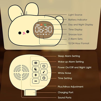 Bunny Alarm Clock with Night Light for Kids with Sleep Training and Sound Machine, Rechargeable Silicone Lamp OK to Wake Clock，Cute Animal Tabletop Lamp, Perfect Sleep Companion for Boys Girls