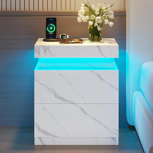 ADORNEVE Nightstand with Charging Station and LED Lights,Night Stand with Sliding Top,Bedside Table with 2 Drawers,Modern End Side Table for Bedroom,White Marble