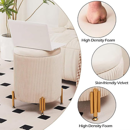 Mxfurhawa Round Ottoman Foot Stool with Storage and Metal Legs for Living Room Bedroom, Velvet Upholstered Footrest Stool Support 300lbs Modern Padded Seat Ottoman Coffee Table (Beige)
