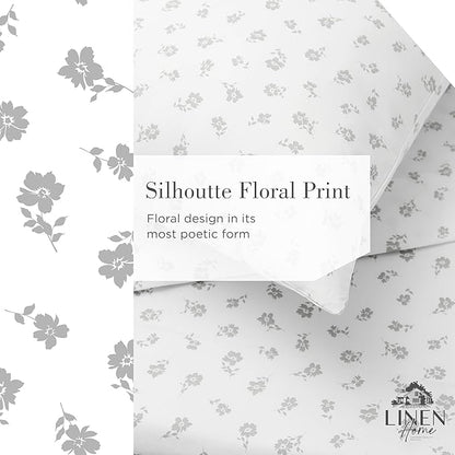 Linen Home 100% Cotton Printed Percale Sheets Queen Size, Deep Pocket, 4 Pieces Set - 1 Flat, 1 Deep Pocket Fitted Sheet and 2 Pillowcases, Crisp Cool and Strong Bed Linen, Grey Silhouette Floral