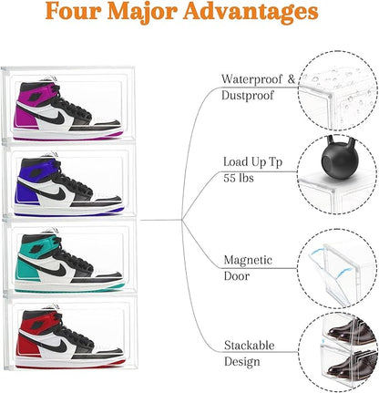 8 Pack Shoes Box Sneaker Display Case Size 13 Plastic Shoe Organizer for Closet Space-Saving Foldable Shoe Rack Sneaker Container Bin Holder