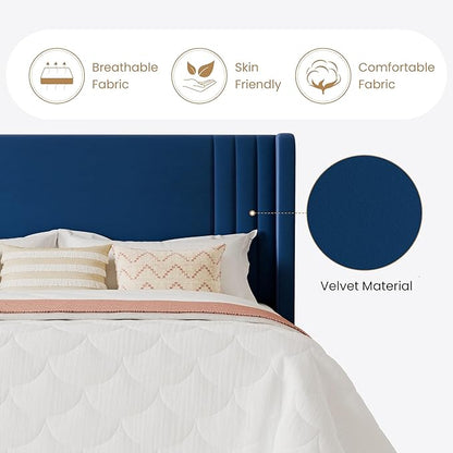 SHA CERLIN King Size Velvet Upholstered Platform Bed Frame with Vertical Channel Tufted Wingback Headboard, Wooden Slats Support, Easy Assembly, Under Bed Storage, No Box Spring Required, Blue
