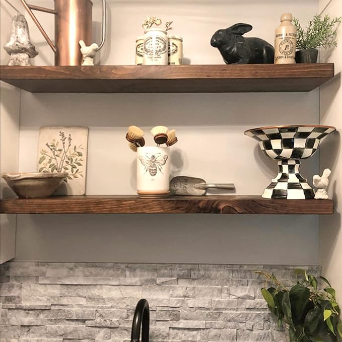 URBANDI, Rustic Floating Shelves, Set of 2, Hidden Bracket, Solid Wood, Heavy Duty, Wall Mounted Shelves, (Provincial, 36Wx6D)