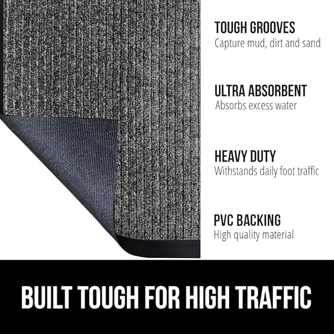 GORILLA GRIP Waterproof Traffic Guard Door Mat, 2 Pack Heavy Duty Entryway Mats, Strong Rubber Back Commercial Rugs for Office Hallway, Garage Floor and Home, Low Profile Carpet, 35x23, Light Gray