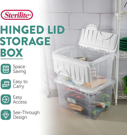 Sterilite 48 Qt Hinged Lid Storage Box, Stackable Bin with Lid, Plastic Container to Organize Home, Office, Basement, Clear with White Lid, 18-Pack