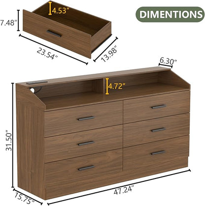 6 Drawer Dresser with Power Outlet, Chest of Drawers with LED Light, Modern Dresser with Open Storage Cubby, Double Wide Dressers Organizer for Bedroom, Living Room, Entryway,Hallway