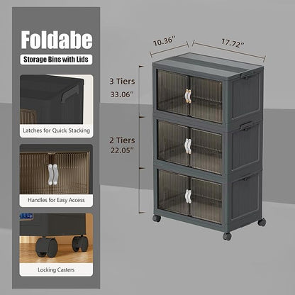Stackable Storage Bins with Lids Open Front, 155Qt Large Plastic Foldable Containers for Clothes, 3 Pack Multifunctional Collapsible Storage Boxes for Home, Pantry, Office (S, Gray 3-Tier)