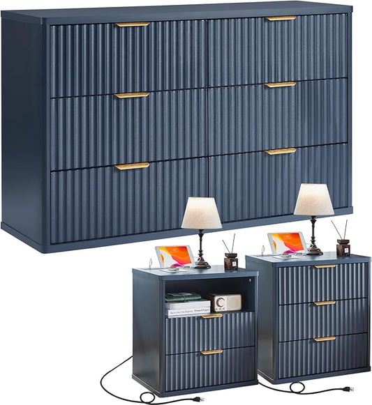 LEYAOYAO 48" Wide Fluted Dresser and 23" Nightstand Set of 2, Wooden Dresser & Night Stand with Charging Station, 3 Piece Bedroom Furniture Set, Chest of Drawer for Living Room,Blue