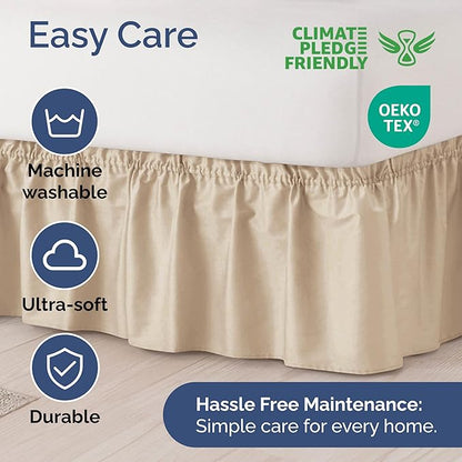 Wrap Around Dust Ruffle Bed Skirt - Cream - for Queen Size Beds with 12 Inch Drop - Easy Fit Elastic Strap - Adjustable Pleated Bedskirt w/Brushed Fabric - Wrinkle Free - for Women, Men, Kids & Teens