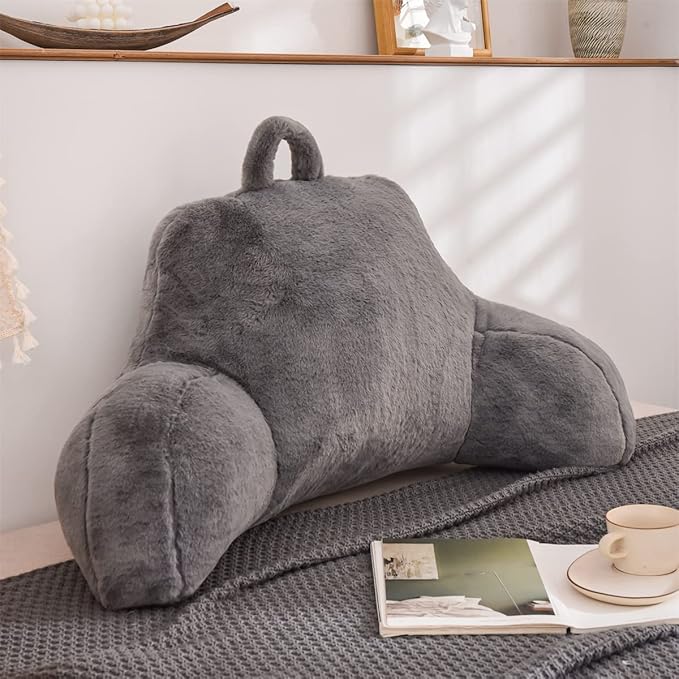 Holawakaka Standard Faux Fur Bed Rest Pillow with Arms, Artificial Rabbit Fur Reading Pillows Perfect for Adults, Teens, Kids, Pregnancy Lumbar & Head Neck Coccyx Lower Back Support Cushion (Grey)