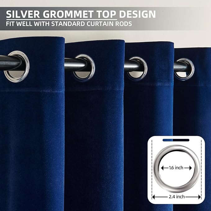 Joydeco Royal Blue Velvet Curtains 96 Inches Long, Luxury Grommet Blackout Curtain 2 Panels, Thermal Insulated Privacy Room Darkening Window Drapes for Bedroom Living Room Home Theatre (52Wx96L)