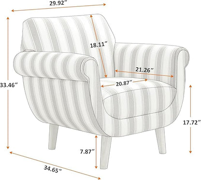 VANOMi Mid-Century Accent Chair with Stripe Pattern, Modern Linen Fabric Armchair with Wood Legs, Club Chair for Living Room, Comfy Upholstered Side Chairs for Bedroom, Reading, Small Place (Grey)