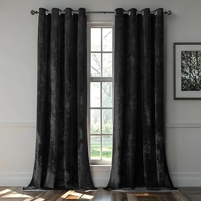 SMILETIME Black Crushed Velvet Curtains 52x96 inch Luxurious Thermal Insulated Soundproof Drapes for Living Room Bedroom Office Soft and Durable Light-Filtering Window Treatments, 2 Panels