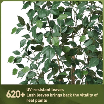 6ft Artificial Ficus Tree,Tall Faux Tree with Silk Leaves & Real Wood Trunk,UV Resistant Potted Fake Plant with Pebbles & Planter-Indoor Outdoor Floor Plant for Home Living Room,VN129