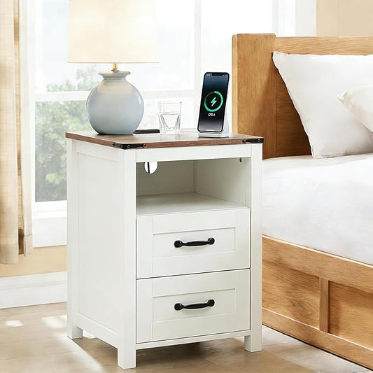 Puntogen White Night Stand, Rustic End Table with Charging Station, Farmhouse Tall Nightstand for Bedroom, Drawer Dresser Bedside Table with Open Storage Shelf
