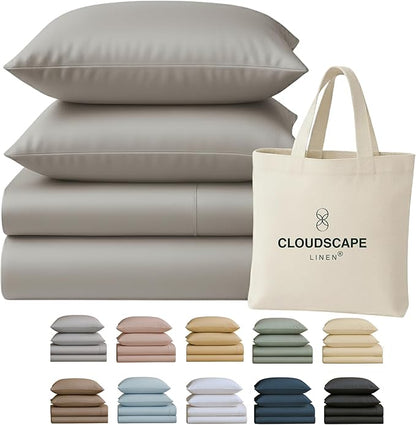 Cloud Scape Linen 100% Egyptian Cotton California King Sheet Set, 400 Thread Count,4 Pieces Luxury Bedding Set, Hotel Quality, Silky Soft, Breathable and Durable, Deep Pockets up to 17, Light Grey
