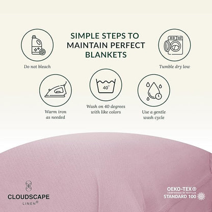 Cloud Scape Linen 100% Cotton Blanket 92x92 Seashell Pink - Cozy Herringbone Weave, Fits Up to for Full Size Beds, Breathable Softness, All-Season Warmth, Winter Blanket, for Women