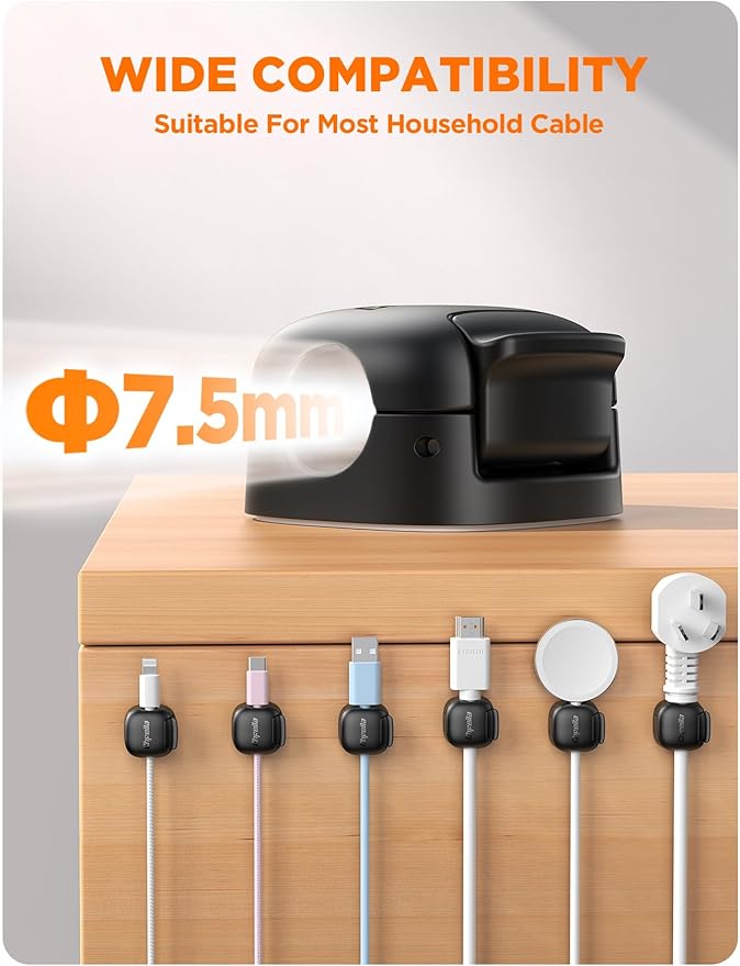 6Pack Cord Organizer - Chfeila [Dual Spring & Clasp Lock] Cable Management Clips, Adhesive Phone Charger Keeper, Compact Wire Holder for Nightstand/Car, Home Office Desk Accessories Decor Essentials