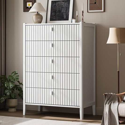 White 5 Drawer Dresser, Modern Tall Dresser for Bedroom, Fluted Wood Chest of Drawers with Deep Drawers for Clothes, Storage Cabinet for Bedroom, Living Rooms, Offices, Entryways