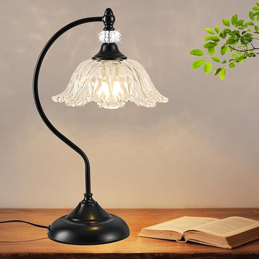 Table Lamp for Bedroom,Crystal Glass Beside Lamp,Plug in Dimmable Black Lamp Flower Nightstand Lamp for Living Room, Office, Desk, Home Decor