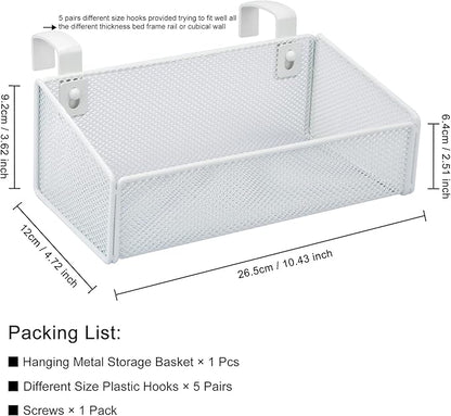 MATIMASU Bedside Caddy Hanging Storage Basket Beside Shelf Metal Organizer for Collage Dorm Bunk Bed,Hospital Bed,Baby Bed - Bedroom Essentials for Magazine,Remote Control,Phone,Drinks (White)