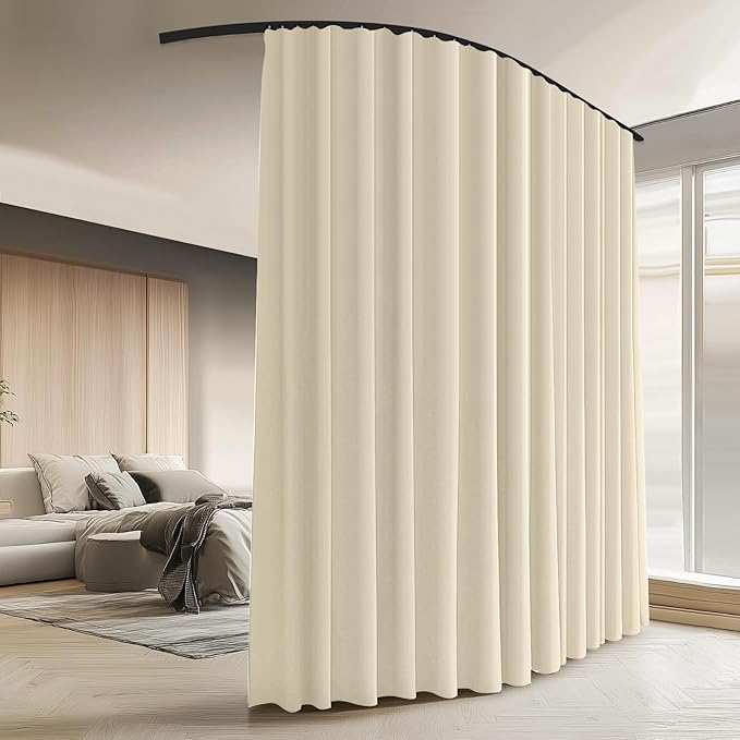Room Divider Curtains with Ceiling Curtain Track Set Window Curtain for Bedroom,Living Room Total Blackout Thermal Insulated Privacy Ceiling Track Curtain W 6 × H 6 FT Beige drape&Black track