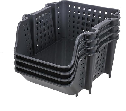 Skywin TidyFriend Plastic Stackable Storage Bins, 4 Pack Extra Large Open Front Bins for Toy, Pantry, Kitchen, and Bathroom Organization (Dark Grey)