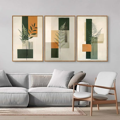 Yeehomedec Sage Green Fern Leaf Framed Canvas Wall Art, Boho Abstract Wall Decor, Rustic Neutral Modern Botanical Art Print, Beige Minimalist Plant Artwork for Living Room Bedroom Office Bathroom 16"x24"x3