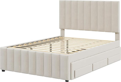 Bellemave Full Size Bed Frame with Twin Trundle Bed and Storage Drawers,Linen Upholstered Bed Frame,Full Size Trundle Bed with Adjustable Headboard for Kids Teens Adults,Beige