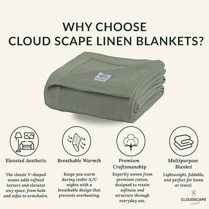 Cloud Scape Linen 100% Cotton Blanket 92x92 Olive Green - Cozy Herringbone Weave, Fits Up to for Full Size Beds, Breathable Softness, All-Season Warmth, Winter Blanket, for Women