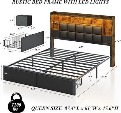 LED Bed Frame Queen Size with 2 Hidden Storage Drawers & Bookcase, PU Leather Headboard, Upholstered Platform Bed with Charging Station, Metal Slats Support, Noise Free, No Box Spring Needed