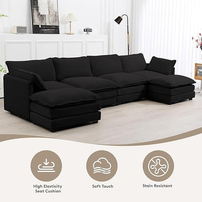 ROWHY 148'' Sectional Cloud Couch with 2 Ottomans, Oversized 4 Seat Sleeper Sofa with 2 Throw Pillows, Convertible Upholstered U Shaped Cozy Sofa Furniture Set for Living Room and Office, Black