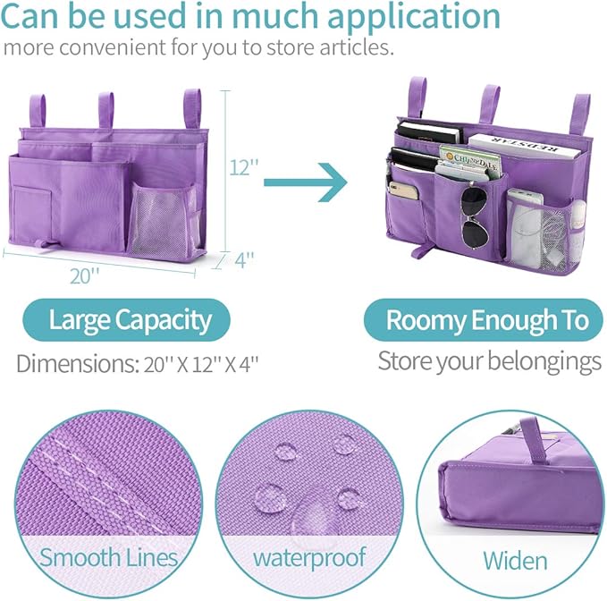 Bseash Bunk Bed Organizer, Bedside Caddy Hanging Bed Organizer Storage Bag 8 Pockets, for College Dorm Rooms Bed, Hospital Bed, Baby Bed Rails, 600D Oxford Cloth (Purple)