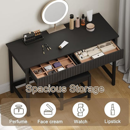 ChooChoo 47.2 Inch Modern Desk with Drawers, Makeup Vanity Desk with Padded Stool, Writing Computer Desk for Home Office & Bedroom, Black